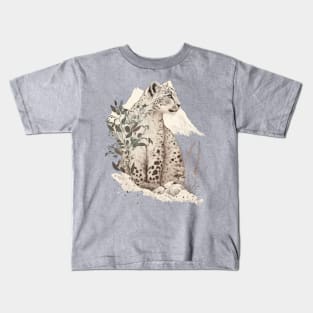 Snow Leopard in the Mountains Vintage Style Illustration Kids T-Shirt